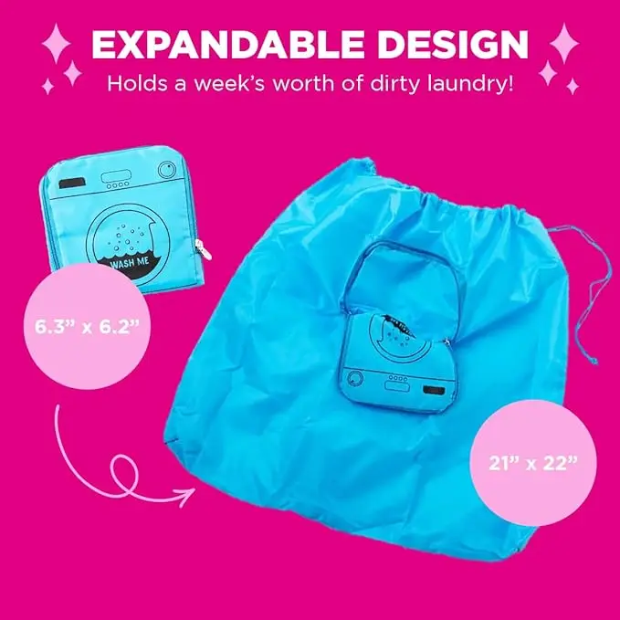 Blue travel laundry bag, 21” x 22”. Zipper and drawstring closure. Expandable, foldable, and durable for suitcase organization 2