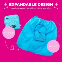 Blue travel laundry bag, 21” x 22”. Zipper and drawstring closure. Expandable, foldable, and durable for suitcase organization 2