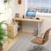 1Pc Writing Desk, Large L-Shaped Workstation Executive Desk with 3 Drawers and 2 Shelves, Corner Computer Desk for Home Office 1