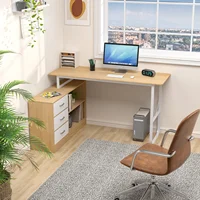 1Pc Writing Desk, Large L-Shaped Workstation Executive Desk with 3 Drawers and 2 Shelves, Corner Computer Desk for Home Office 1