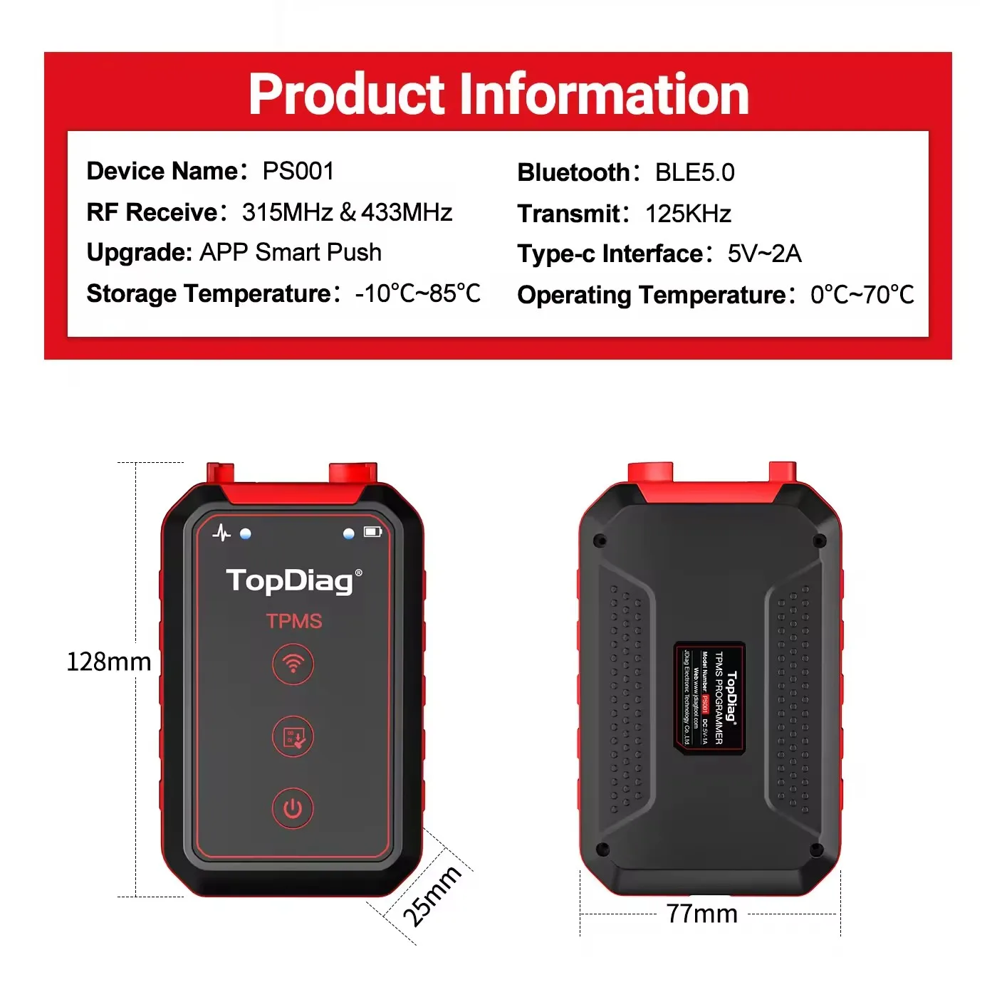 TopDiag PS001 자동차 TPMS 진단 서비스 도구, 재학습 센서 활성화 프로그램, TPMS OBDII 키트, 타이어 압력 매칭 장비