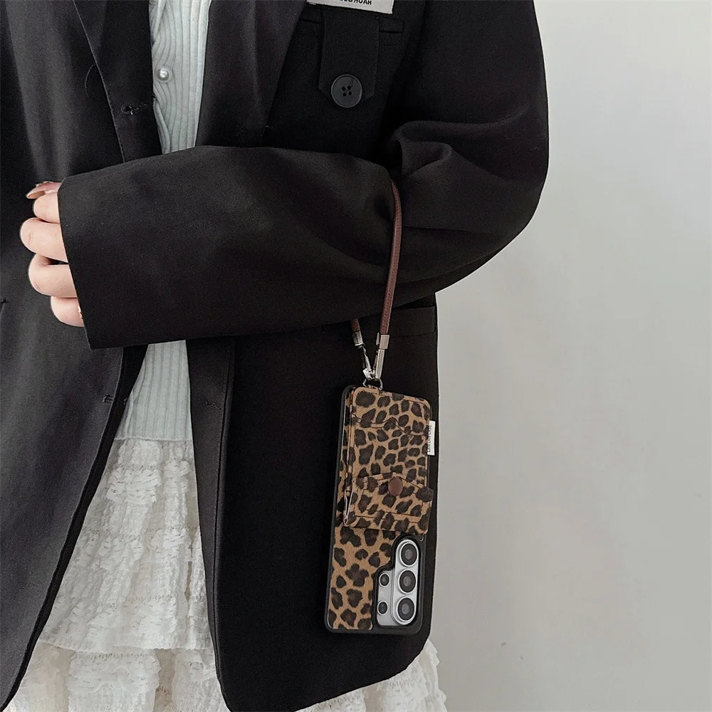 Luxury Leather Leopard Phone Case with Card Holder and Chain Design