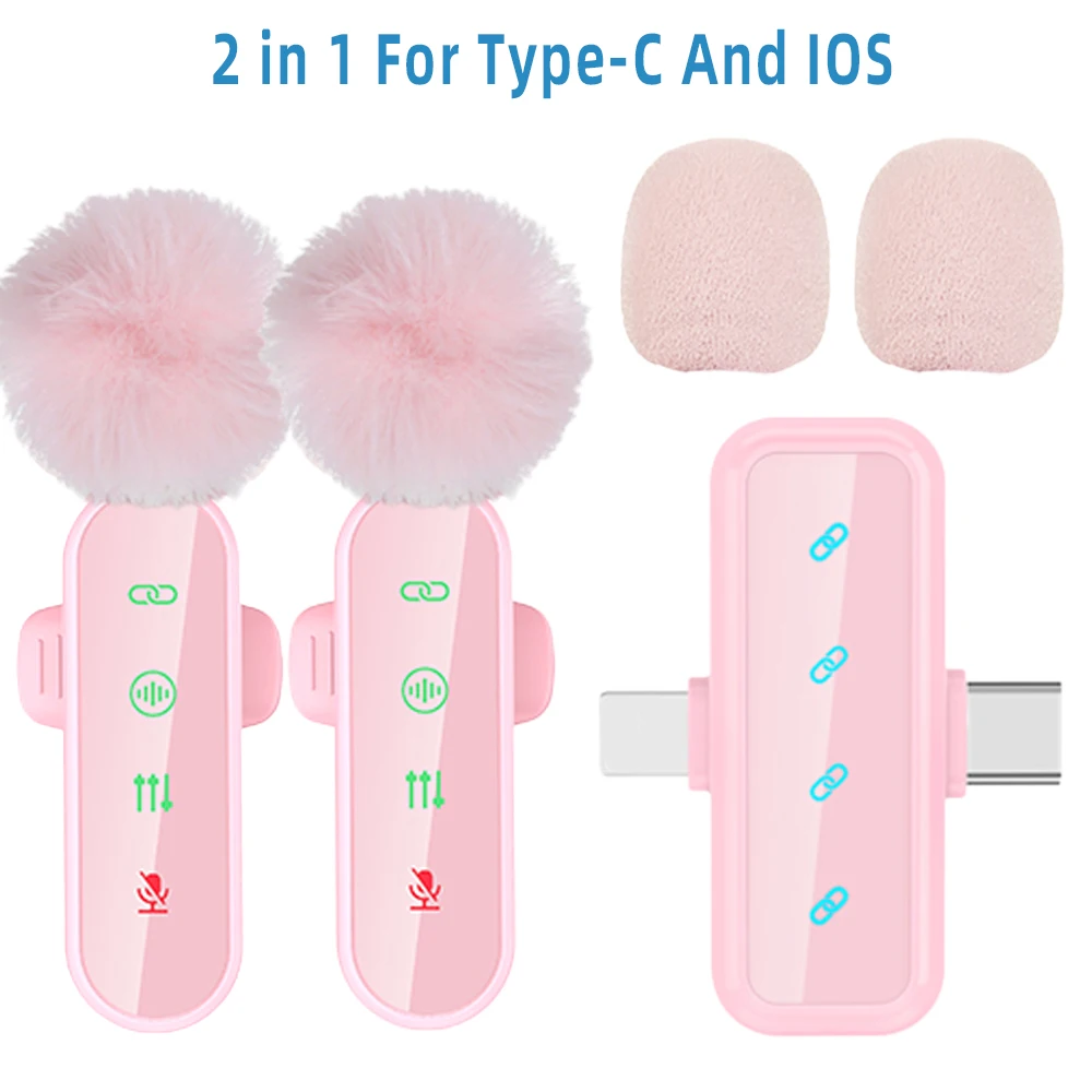 Pink Lavalier Microphone Set with Noise Cancelling & LED Display - Wireless Lapel Mic with Wind Muff (4 Pack)