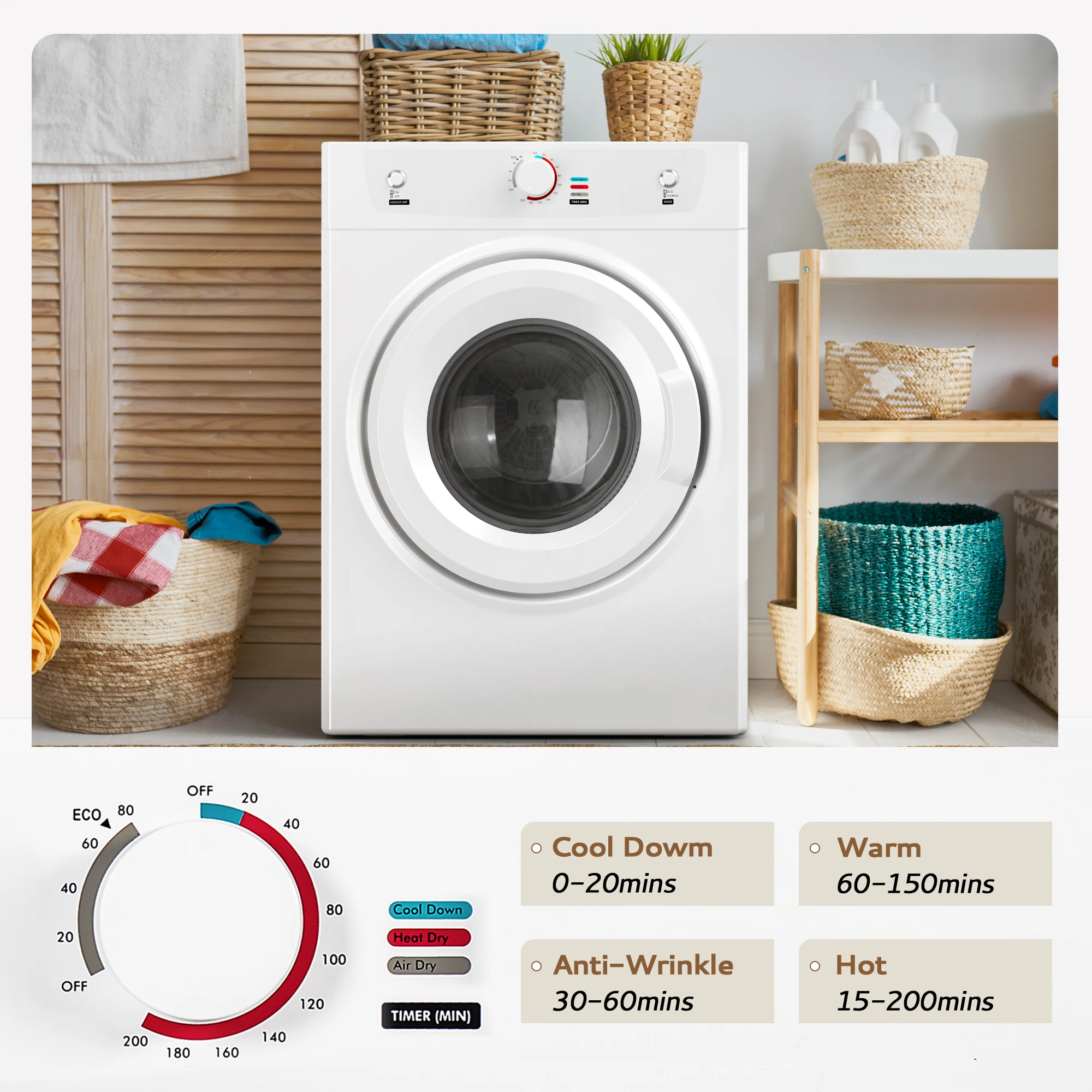 SIMZLIFE 3.5 Cu.Ft. Dryer 1500W Electric Clothes Dryer Stainless Steel Tumble with Exhaust Hose for Home Apartment Dorm