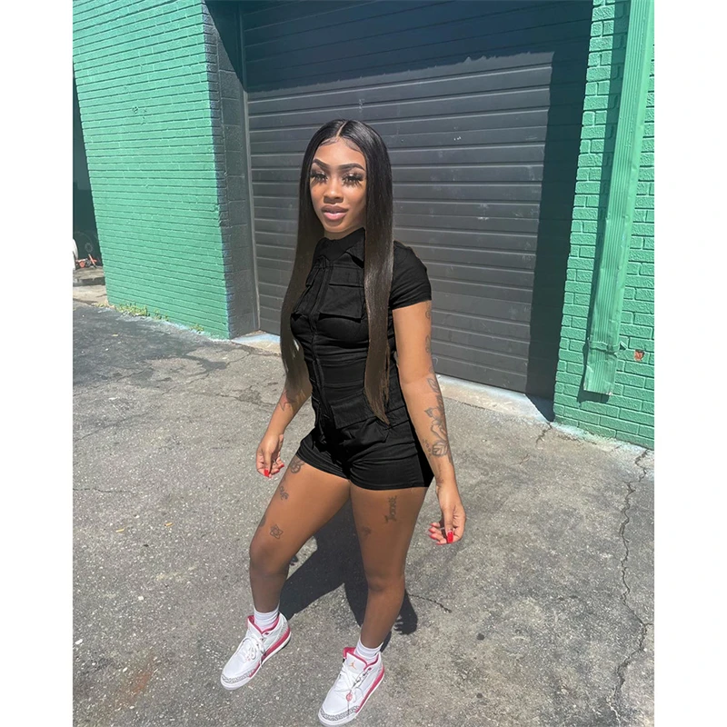 Women Solid Cargo Playsuits 2023 Summer Turn Down Collar Short Sleeve Zip Up Multi Pockets Shorts Jumpsuit Fashion Casual Romper