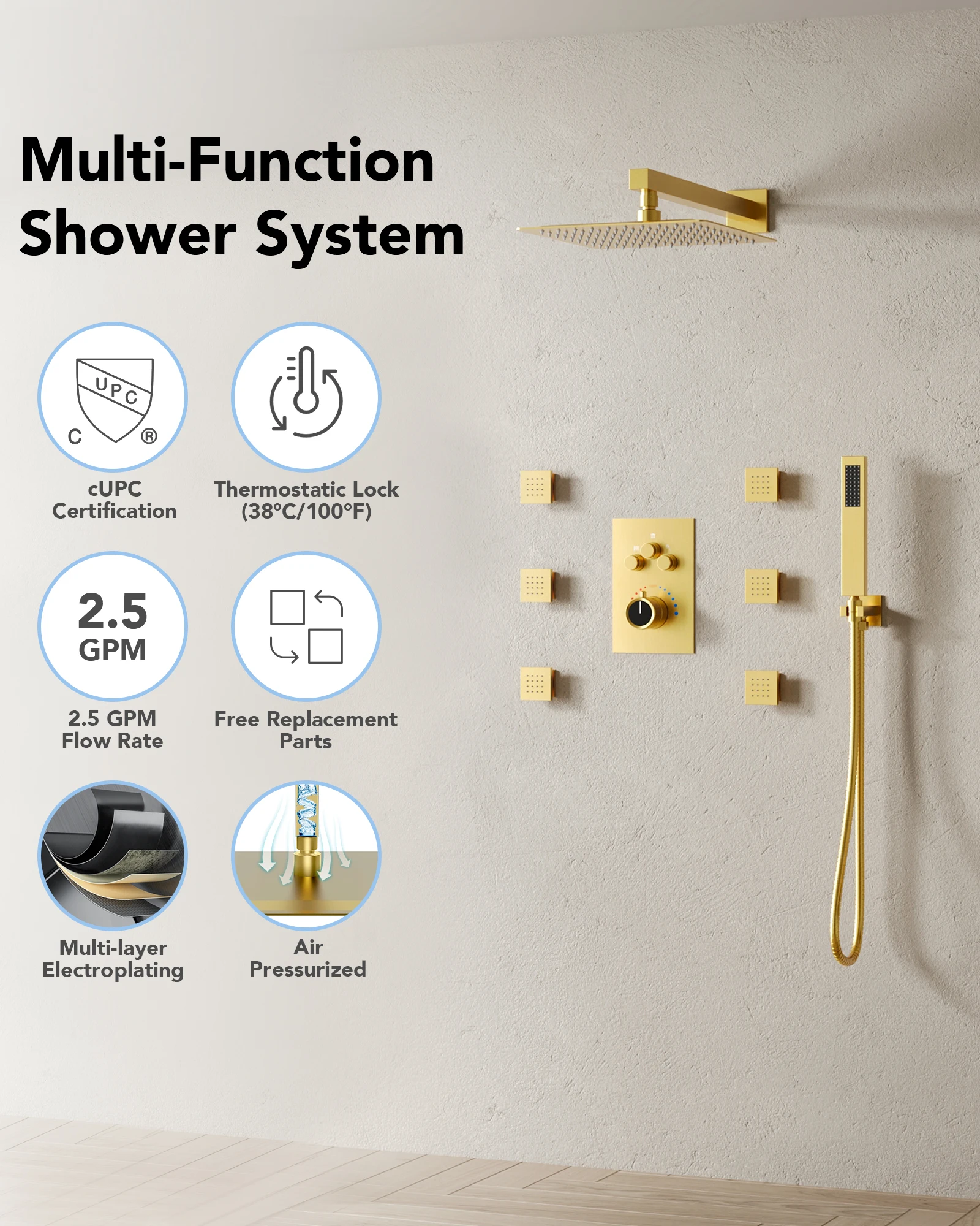 EVERSTEIN Luxury 12 Inch Thermostatic Shower Head System Wall Mount Rainfall Shower Faucet Set with Konb Diverter & Massage Jets 3