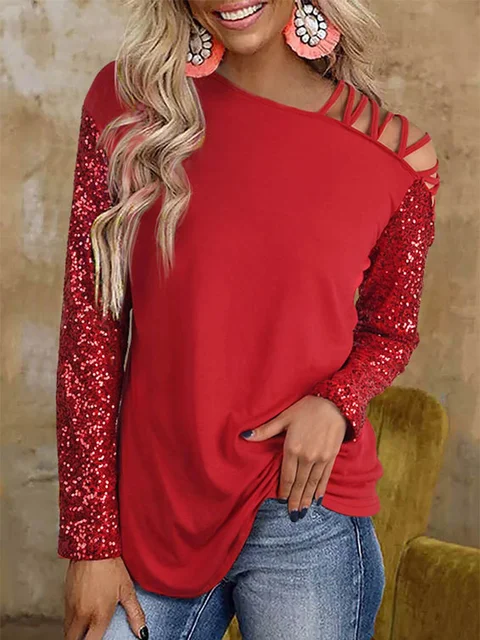 red sequin cold shoulder top