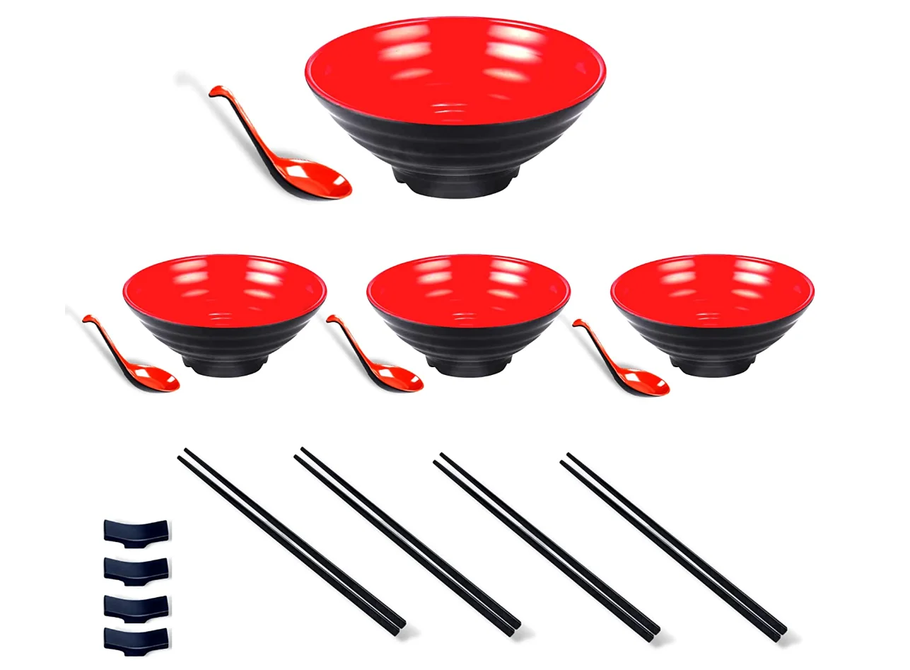 IKIGAI, Ramen Bowl Set of 4 with Chopsticks 42 OZ Japanese And Asian