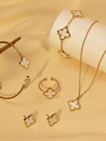 1 Set Stainless Steel Clover Jewellery Set Necklace Bracelet Ring Earrings Simple Fashion Matching Set 4