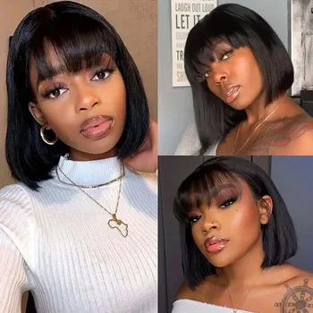 3x1 HD Lace Bob Wig with Bangs Human Hair 200% Density Glueless Short Natural Black Wear and Go Wigs for Women Beginner Friendly 1