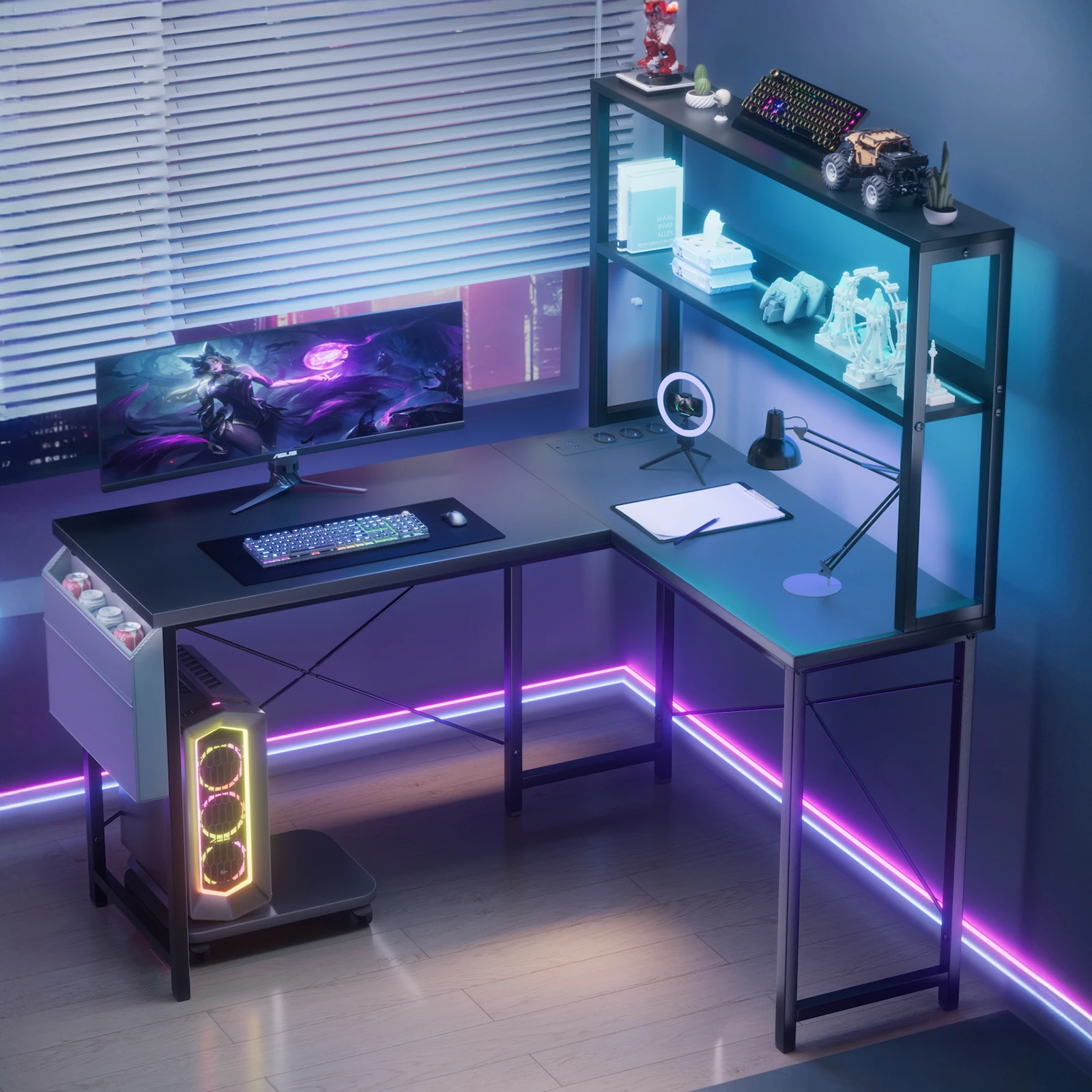 Table L Computers L-shaped computer table with smart LED lighting, built-in sockets and ...