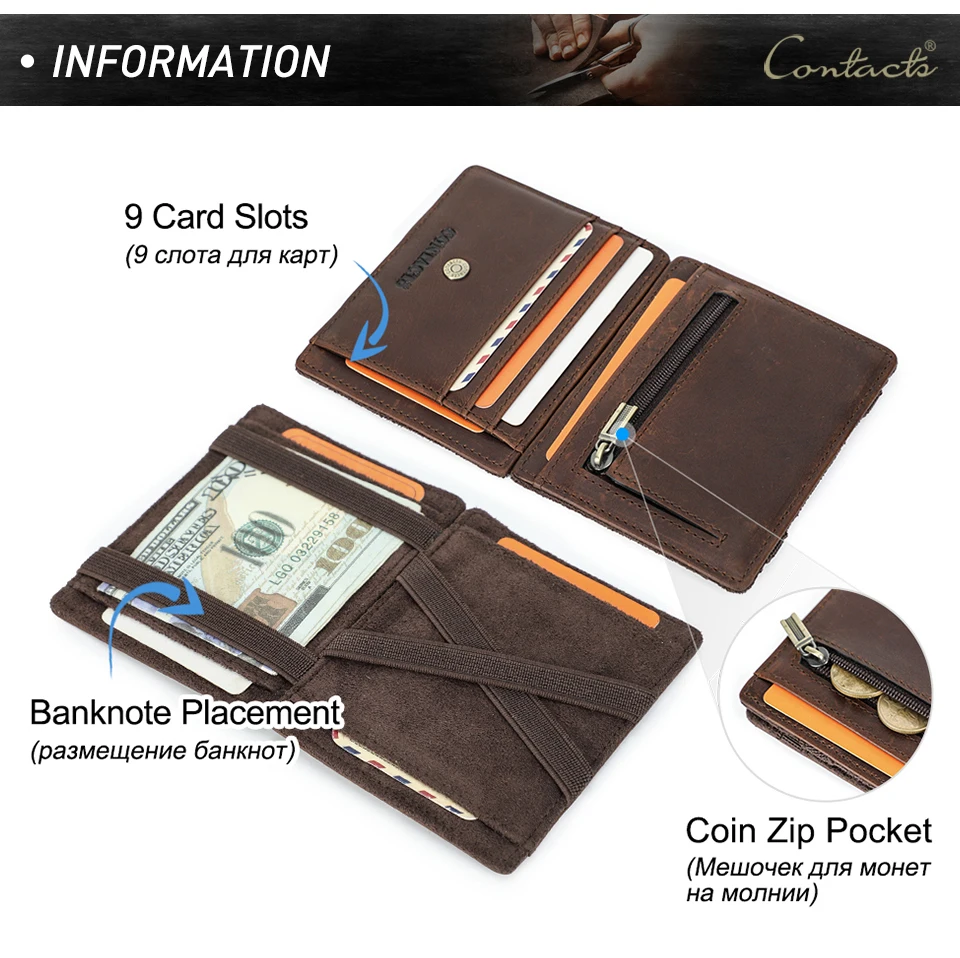 CONTACT'S Echtleder-Kartenetui Magic Wallet Slim Bifold RFID Herren Kleine Geldbörse mit Reißverschluss-Münzfach Mini-Geldbeutel Geldklammer – Detail 5