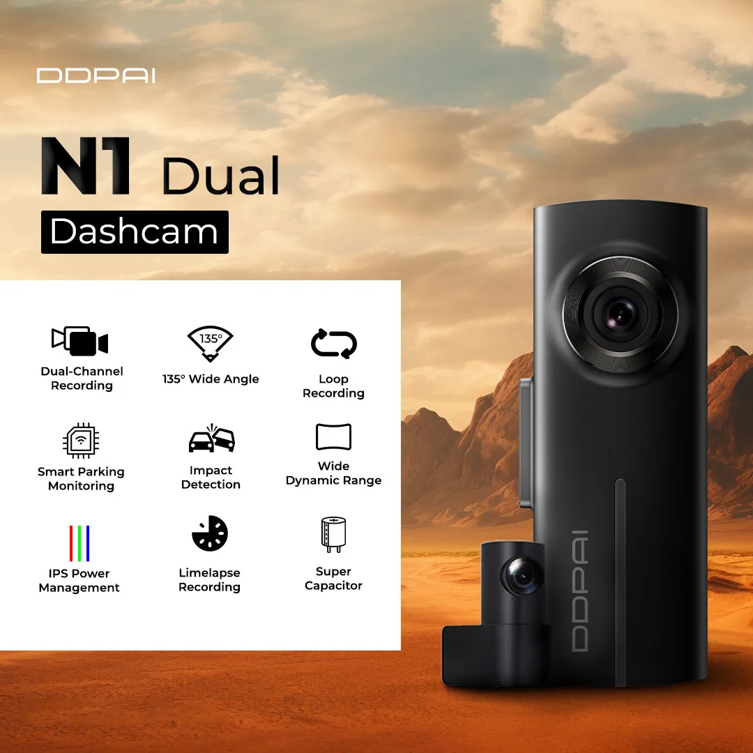 DDPAI N1 Cámara de salpicadero dual delantera y trasera 1926P grabación NightVIS cámara de salpicadero grabadora coche DVR 24H modo de estacionamiento WIFI y Control por aplicación