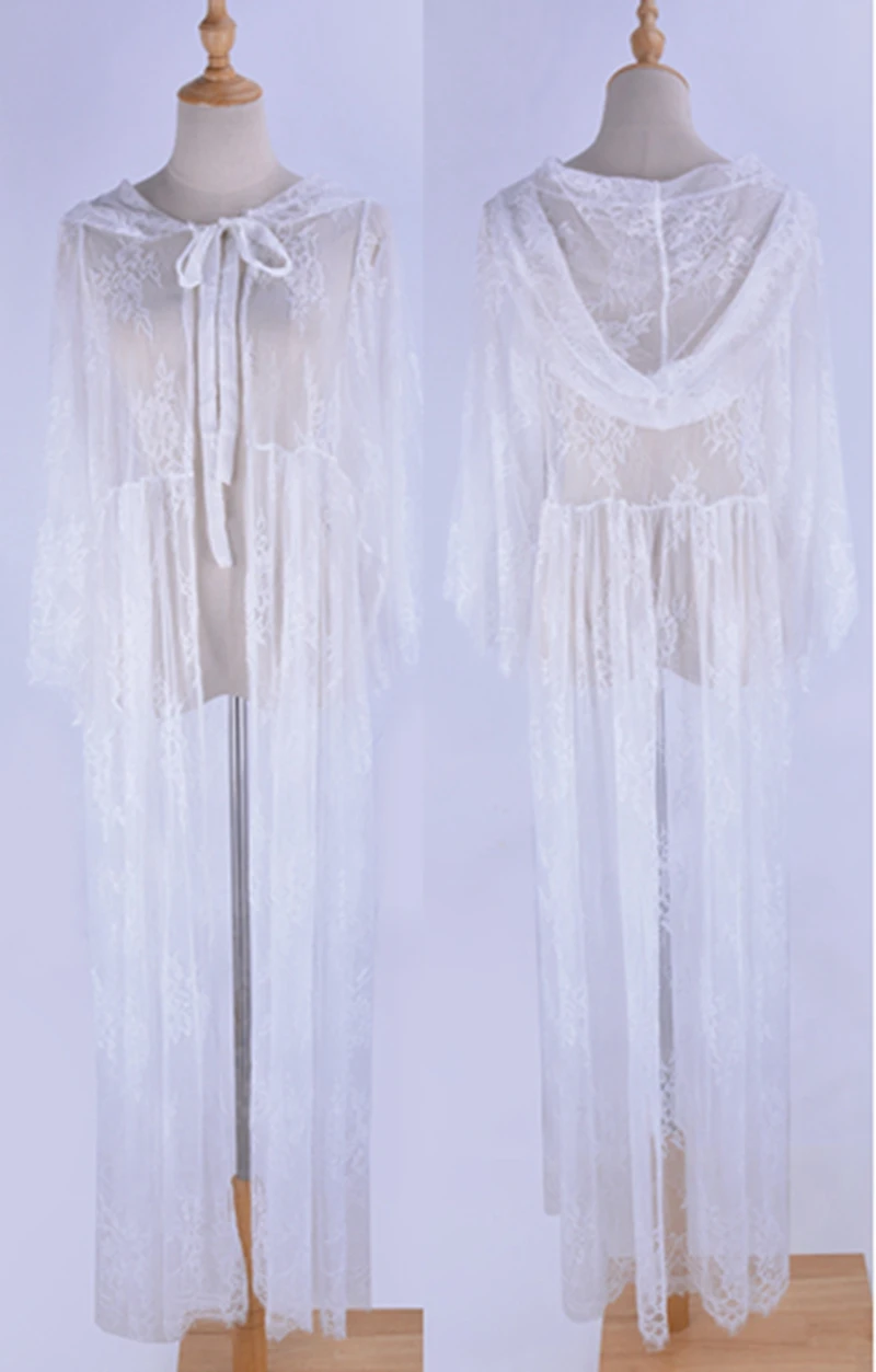 Hooded Sheer Lace Beach Cover Up Long Cardigan Women Swimwear Beach Dress Kaftan Swimsuit Cover-Ups Bathing Suit Beachwear Tunic - 6
