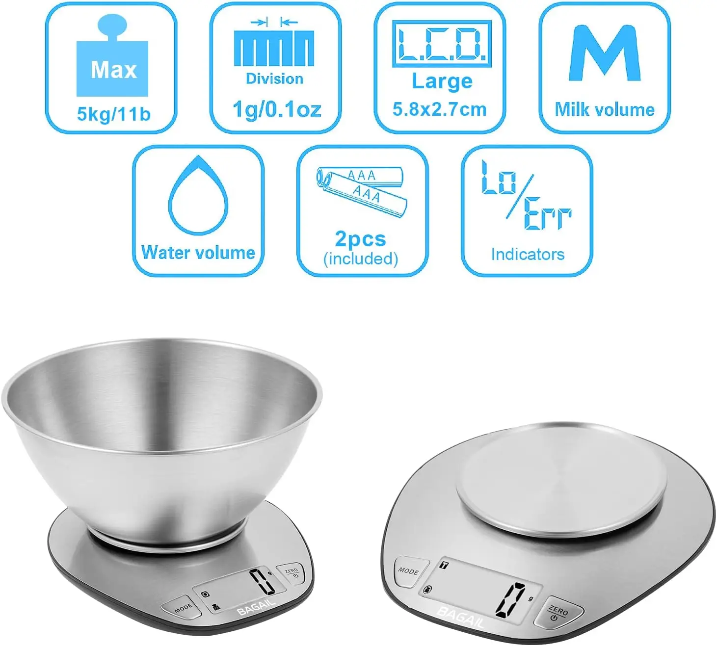 Electronic Kitchen Scale Premium Large Display Backing Scale Wet Dry Food Weighing with Stainless Steel Mixing Bowl