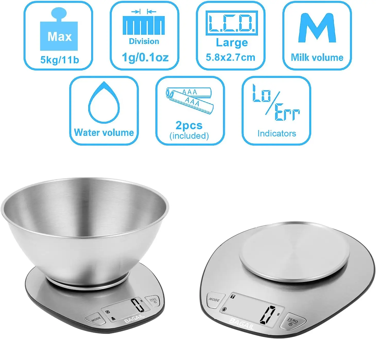 BAGAIL Digital Kitchen Scale Premium Stainless Steel Food Scales