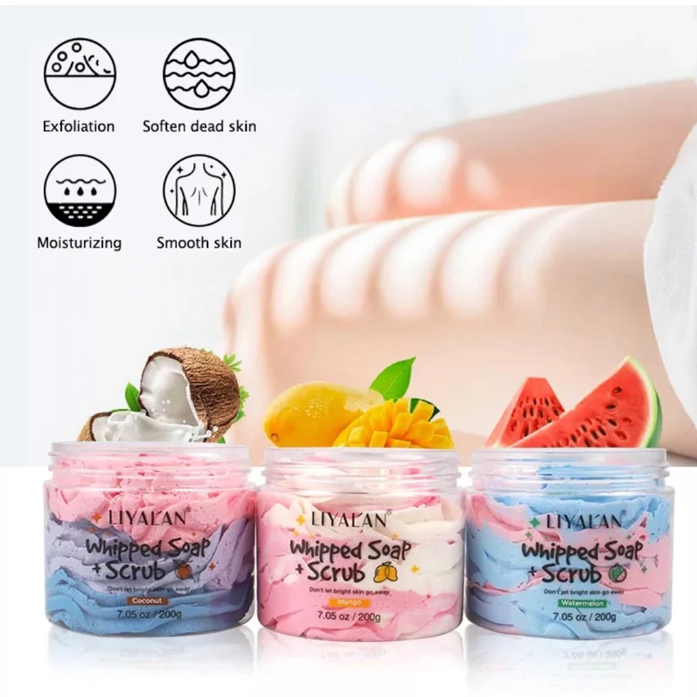 

200g Handmade Whipped Bath Soap Colorful Fruity Scent Foaming Body Wash Bath Cream Moisturizing Bubble Rainbow Sugar Salt Scrub