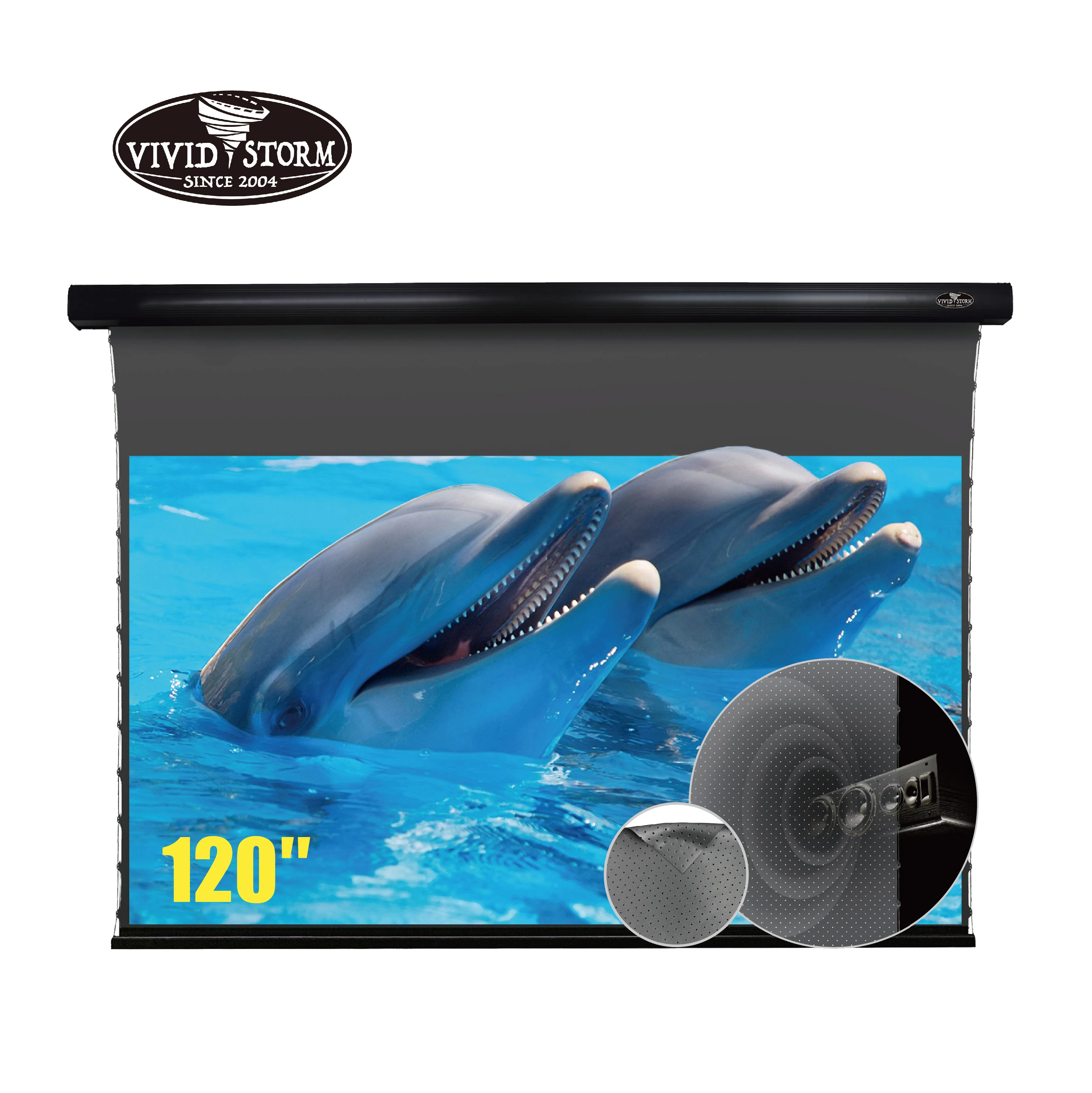 Vividstorm 120 Pollici Slimline Electric Tab-Tensionato Pull Down Obsidian Long Throw Sound Perforate Acusticamente Trasparente
