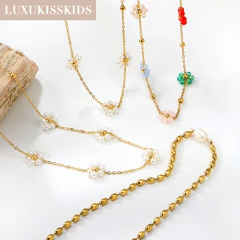 LUXUKISSKIDS Chic Romantic Flower with Fake Pearl Pendant Necklace Stainless Steel Retro Beads Choker Summer Jewelry Girls/Women