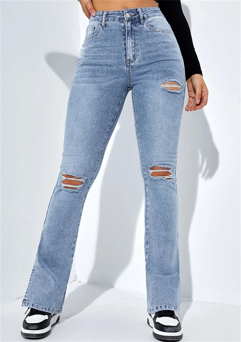 2023 hiver nouveau femmes taille haute déchiré jambe fente jean mode coupe ajustée Stretch Denim jambes droites pantalon décontracté S-2XL