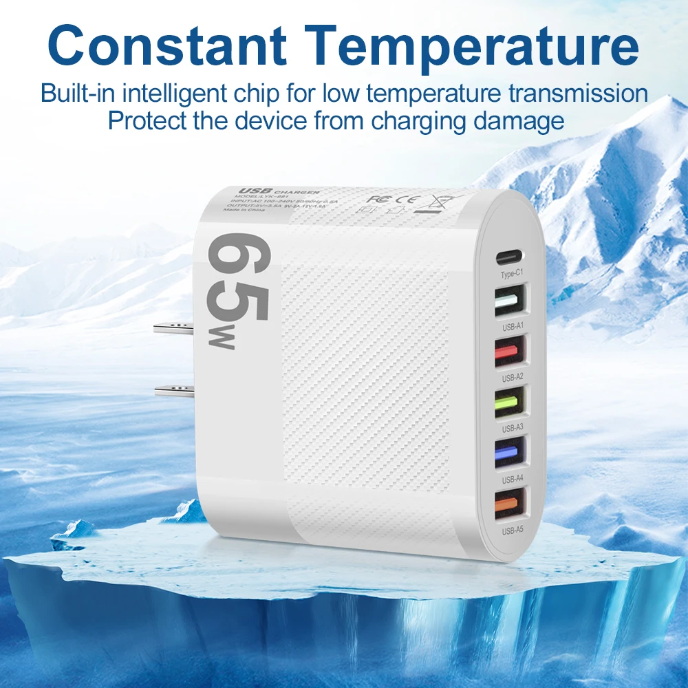PD 65W Charger USB Type C 6 Ports Fast Charging Charger QC3.0 Power Adapter For iPhone15 14 Samsung S23 S22 Xiaomi Quick Charge