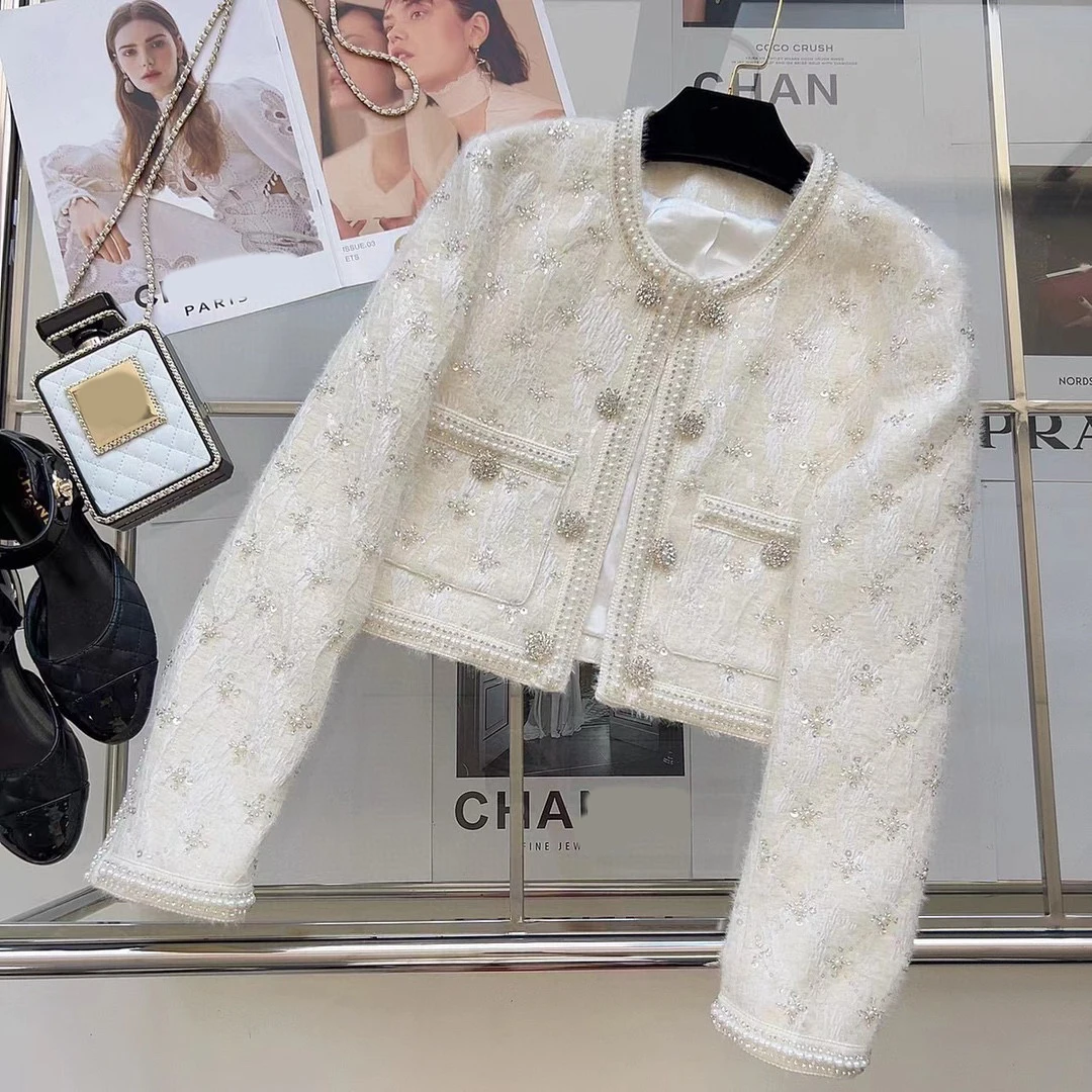 

Куртка женская короткая с бусинами, винтажный пиджак с белым ароматом, пальто ручной работы, уличная одежда, французский стиль, Осень-зима