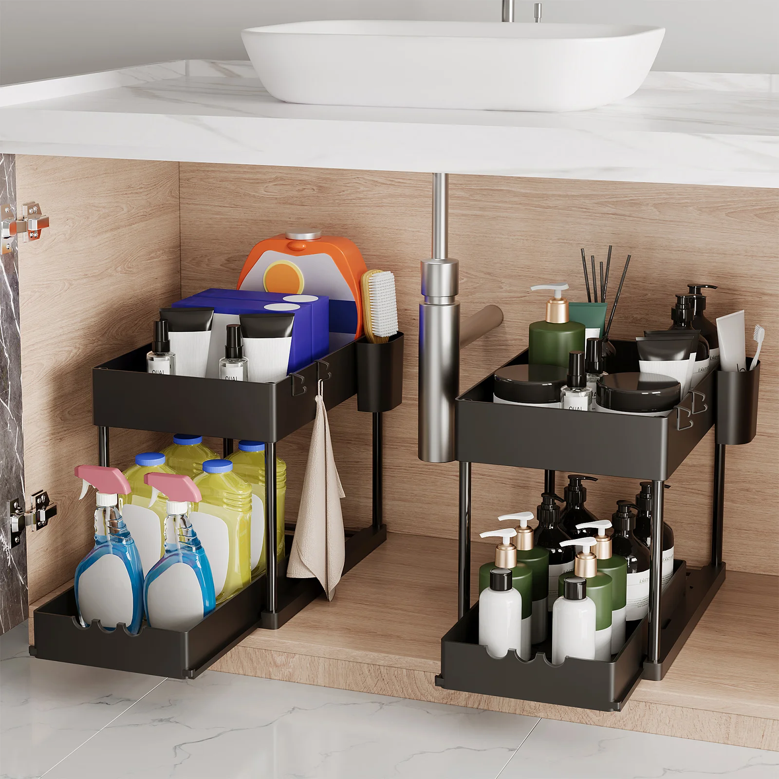 2Pcs 2-Tier Sliding Cabinet Organizer, Pull-Out Under Sink Rack, Double-Layer Storage Shelf for Kitchen & Bathroom 2
