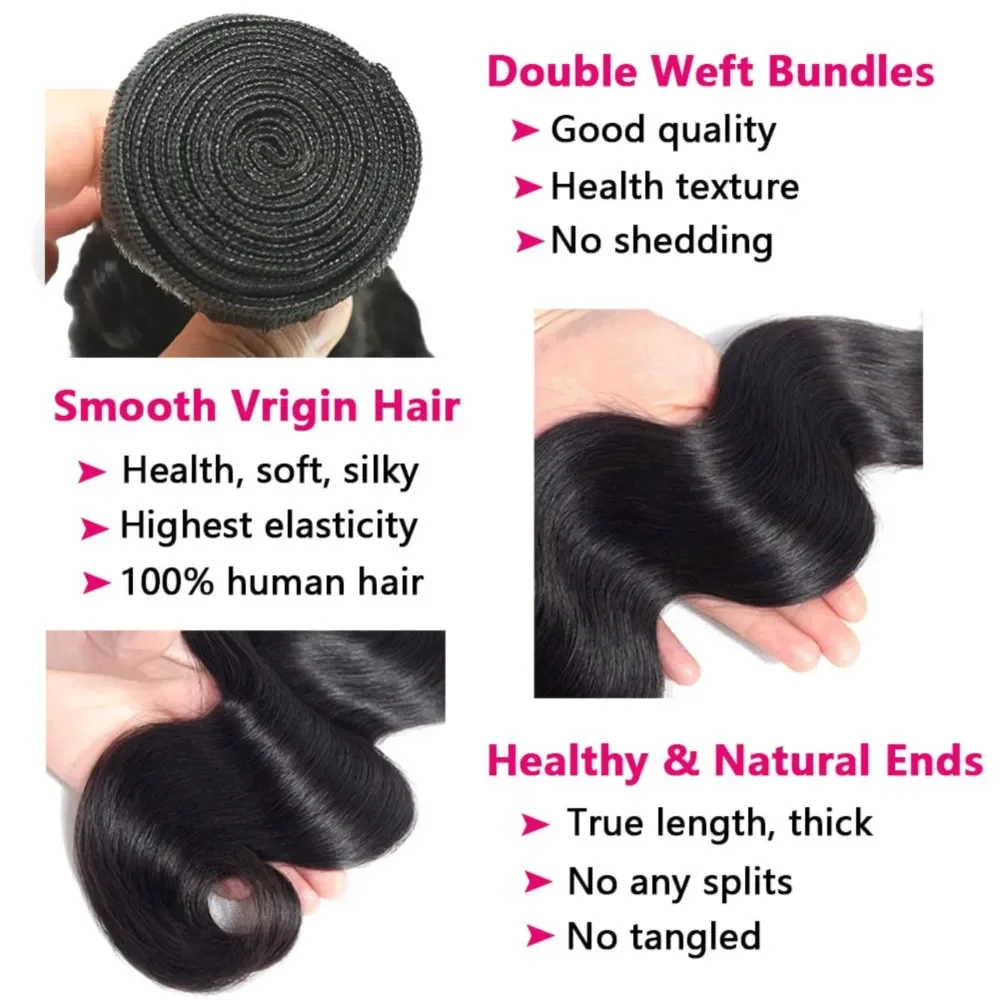 Body Wave Human Hair 3 Bundles with Closure 100% Unprocessed Brazilian Virgin Human Hair Weave Bundles with 13x4 HD Closure