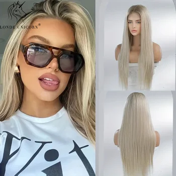 Parrucche sintetiche lunghe diritte anteriori in pizzo parrucche sintetiche bionde per le donne capelli in fibra resistente al calore uso quotidiano festa Cosplayy