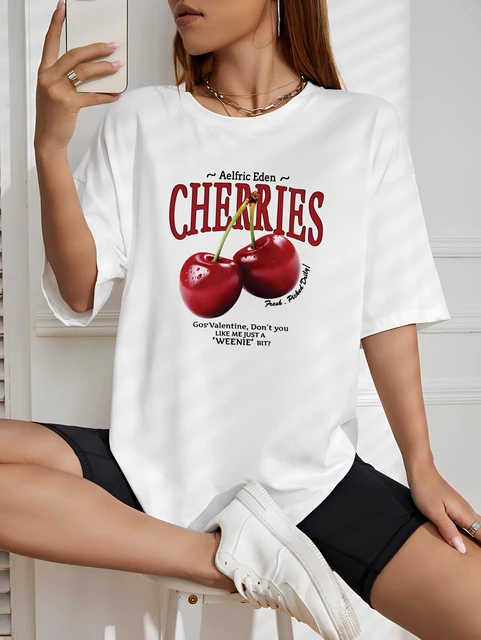 Camiseta Feminina Streetwear Estampada Cherries Tshirt Algodão Camisa Modinha Bloqueira