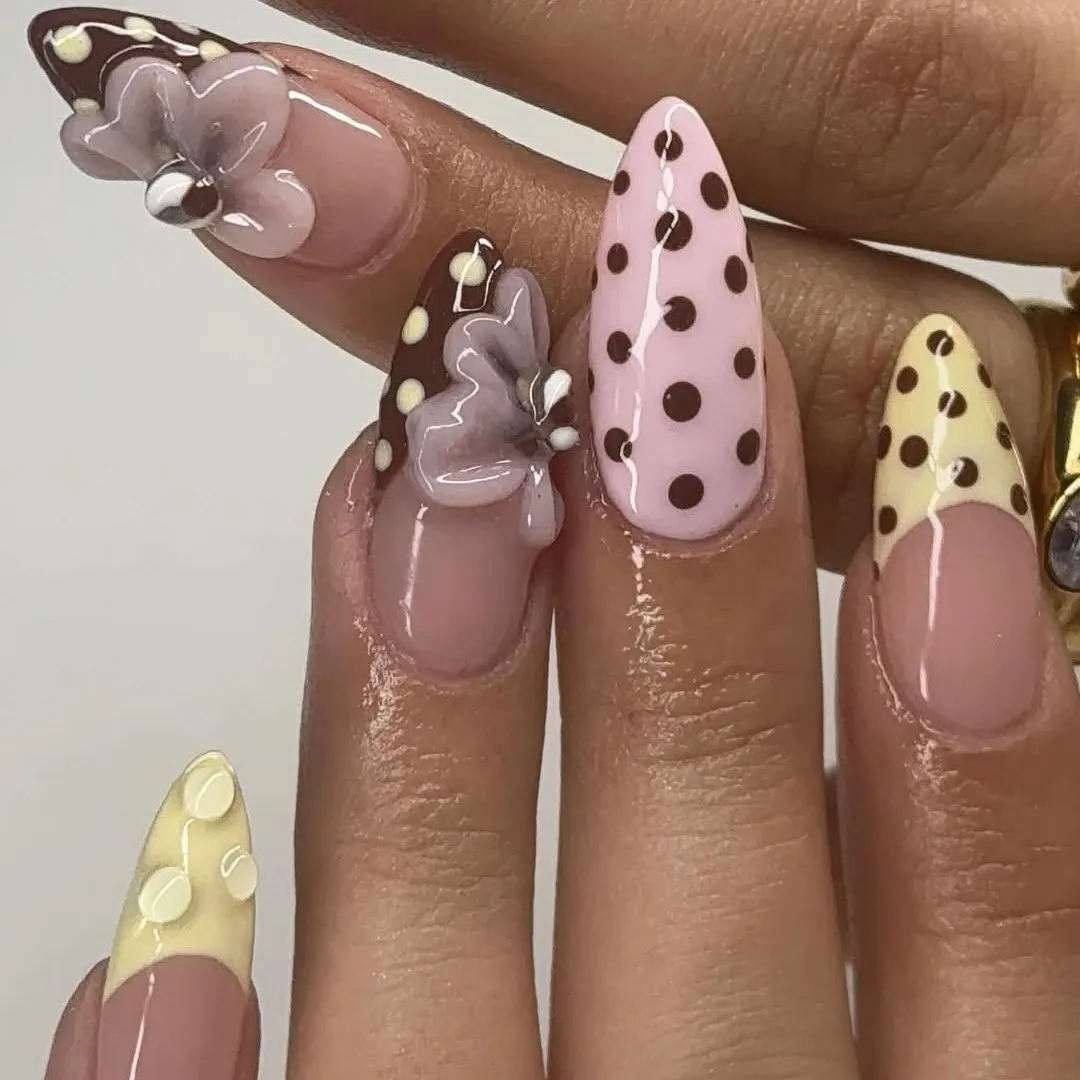 Summer Chic Polka Dot Press-On Nails with 3D Floral Accents in Pink, Yellow, and Brown French Tips