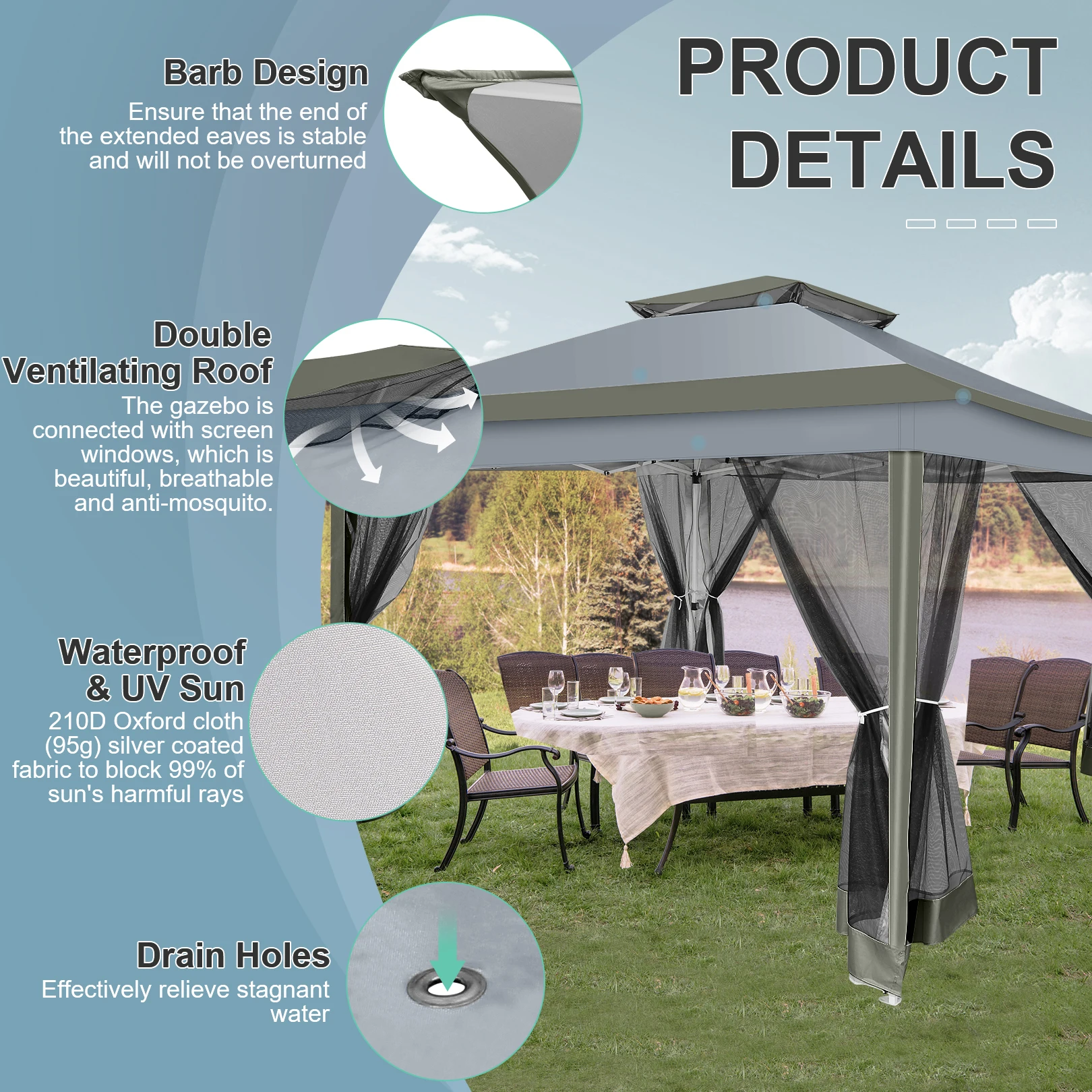 3x3M Waterproof Stable Folding Pavilion,Pop-up Garden Pavilion with 4 sidewalls Mosquito Net,Party tent,Double roof For Garden