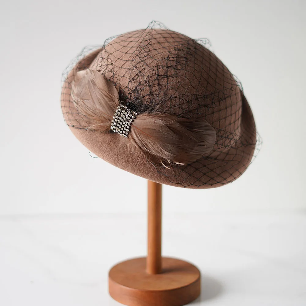 Hot Sale Womens French Style Feather Bow Fansitor Veil Wool Felt Dress Winter Beret Pillbox Hats Event Church Tea Party_autovado.com