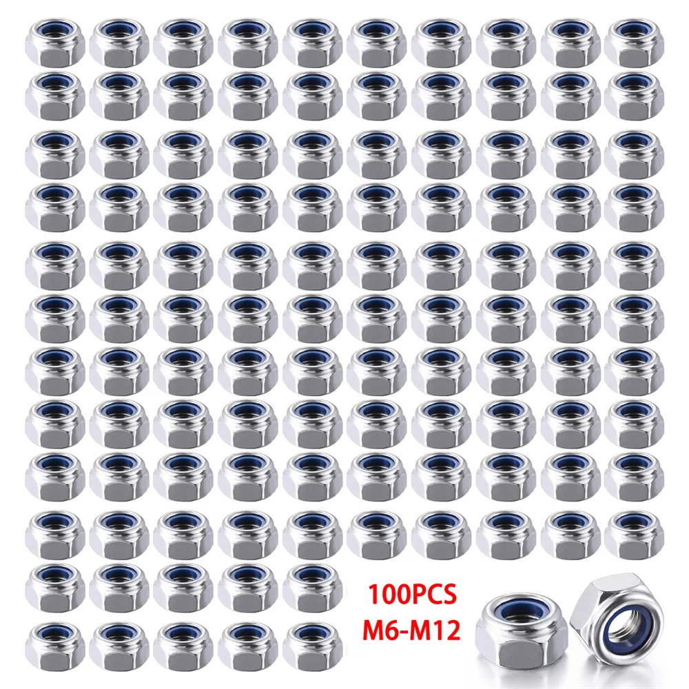 100pcs M6/M8/M10/M12 Self Clinching Nuts 304 สแตนเลสสตีล Self-Lock ไนลอนใส่ Hex Lock Nuts Locknut Slip Locknuts 1