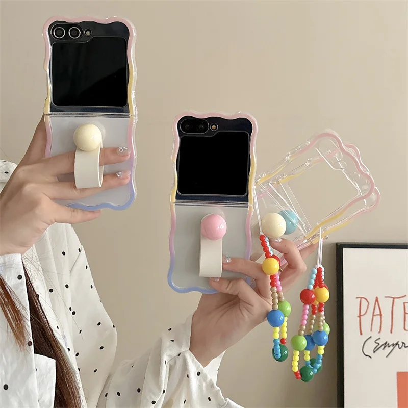 Chic Ring Phone Case with Chain Strap and Wavy Silicone Frame Design