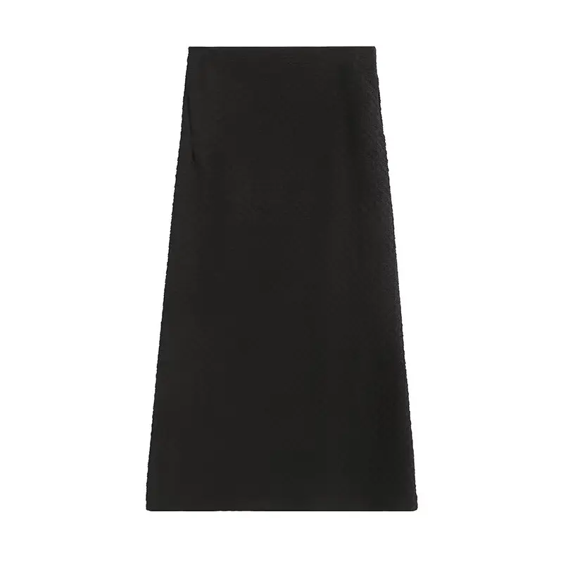 Withered Fashion Laides Black Color Office Midi Skirt Casual Simple Textures High Wasit Straight Skirts Womens