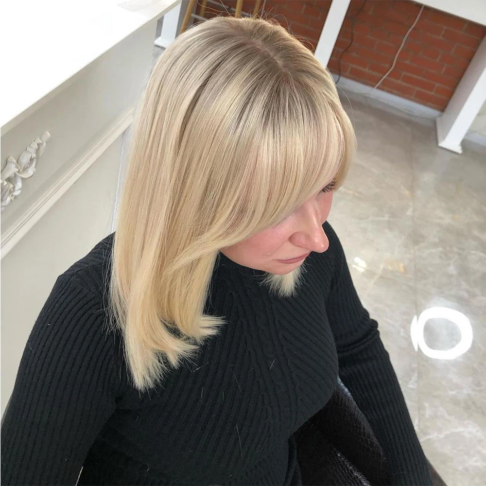 New in Cute Bob Wig Honey Blonde Ash Roots Melting Straight Lace Frontal Wigs with Bangs Brazilian Human Hair for Women Glueless