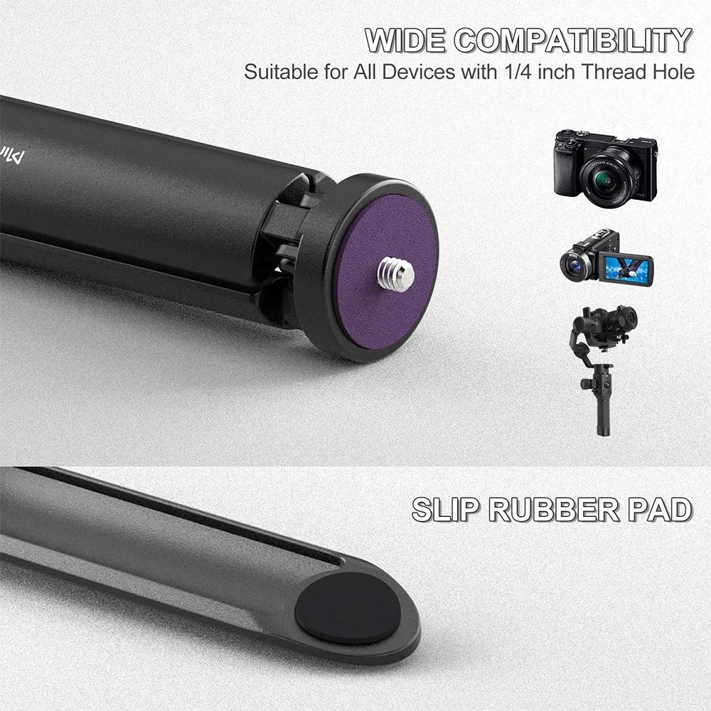 Mini trépied déplié avec une GoPro fixée, montrant sa stabilité, adapté aux DSLR et stabilisateurs.