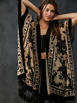 WeHello Women's Burnout Velvet Kimono Bohemian Long Cardigan with Tassel Beach Cover-up Holiday Casual Cardigan Shawl JYPF-1 1