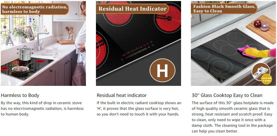 Placa de cocción eléctrica de 30 "con marco de metal de protección de vidrioPara proteger mejor el vidrio, esta placa de cocción de 30 ''está equipada con un marco de metal, que también puede embellecer la placa de cocina de vidrio, haciendo que la estufa eléctrica se vea más moderna y texturizada.