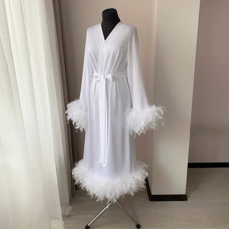 Floor Length Maxi Dressing Gown Robes Long Bridal Robe with Feathers Boudoir Bridesmaid Gifts Satin Feather Trim Bride Kimono