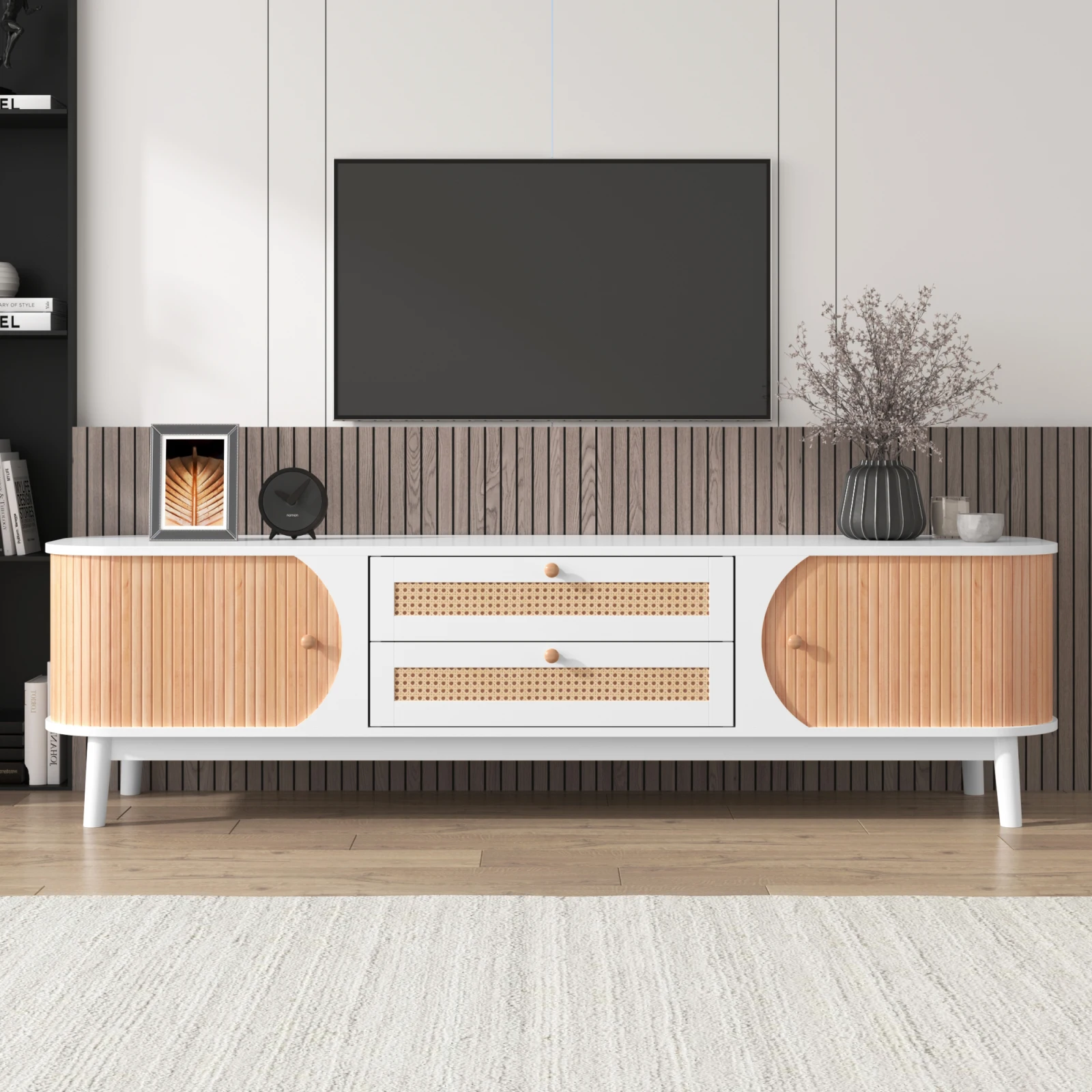 Rosahqnda TV-Schrank-Natürlicher Holz-Blend TV-Schrank mit Türen und Schubladen. TV-Ständer mit Rattanseiten,170 x 46 x 39.5 cm – Detail 1