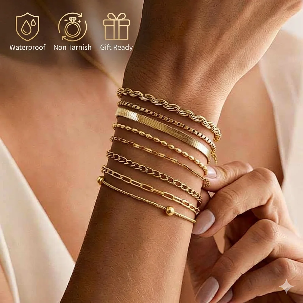 Non Tarnish Stainless Steel Bracelet Gold Plated Stackable for Women, Thin Herringbone Chain Bracelet Waterproof Jewelry Gift