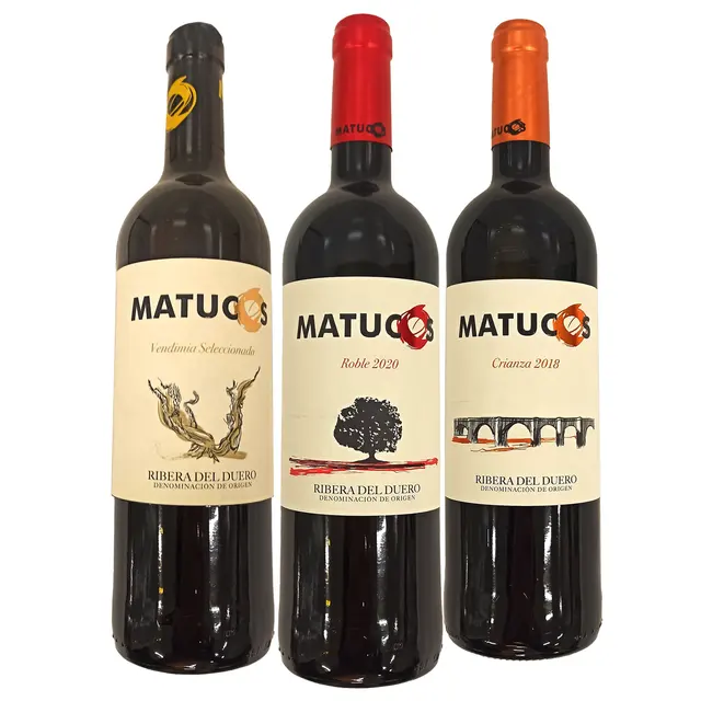 Bodega Los Matucos – sélection vintage vin rouge, chêne 2020 et élevage 2018, variété artisan Tempranilo avec D.O. Ribera del Duero – étui pour bouteilles 75 cl x 3, 1 bouteille d'élevage + 1 bouteille de chêne + 1 bouteille de vente 1