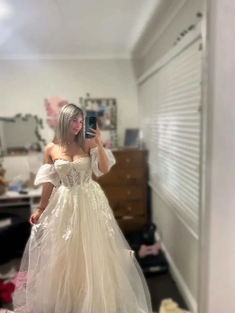 Elegant Tulle A-Line Off Shoulder High Slit Lace Bridal Long Wedding Dresses, WGB006