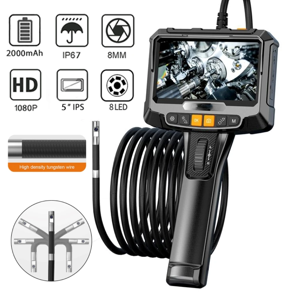 

360° Steering Industrial Endoscope Camera 8mm Single&Dual Lens Inspection Borescope 1080P 5"IPS Screen For Car Engine Sewer Pipe