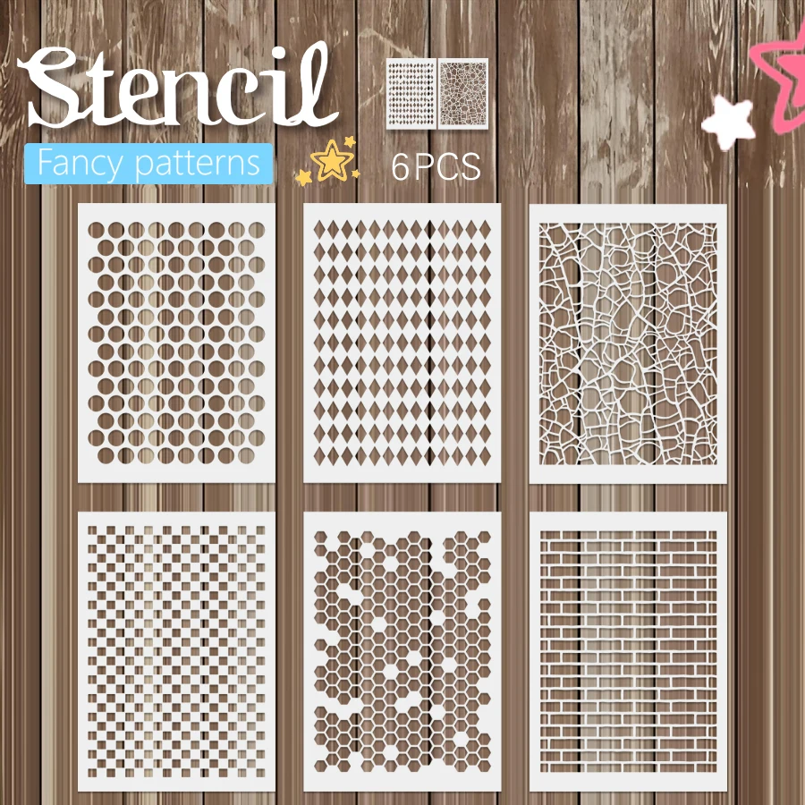 6 Pcs A4 Geometric Pattern Stencil Set - Reusable Templates for DIY Crafts  on Walls, Fabric, Canvas, Furniture, and Home Decor - AliExpress, image size:900x900