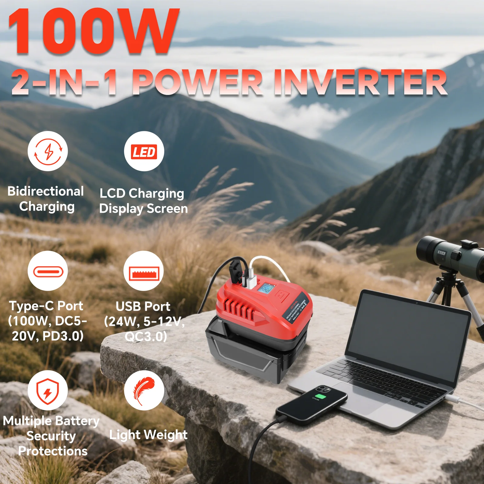 Charger for Milwaukee 18V Battery 100W Portable Bidirectional Charger Adapter Po