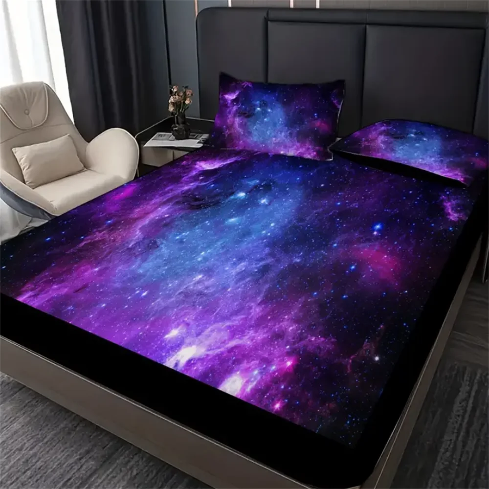 2/3pcs Vibrant Purple Galaxy Space Star Aviation Nebula Fitted Sheet Set - Soft, Breathable, Comfortable, Deep Pocket Mattress 5