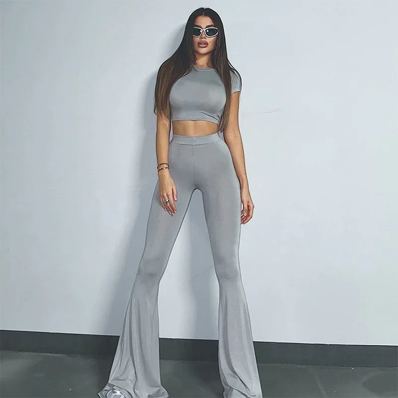 

Women's 2024 New Sexy Casual Sports Set Solid Color Stitching Crop Top Shirt + Slim Flared Pants